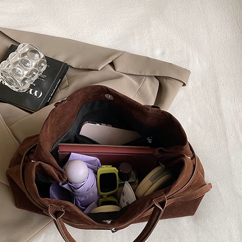 Large Suede Shoulder Bag with Belt Buckle Detail - Top-handle Tote — gallery_04.jpg