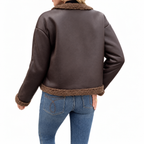 Women’s Brown Shearling Trim Jacket - Cropped Faux Leather Winter Coat — variant_front