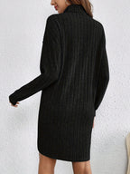 Cosy Ribbed Knit Turtleneck Mini Dress with Long Sleeves — variant_front