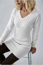 Women's Cable Knit V-Neck Jumper Dress Long Sleeve — variant_front