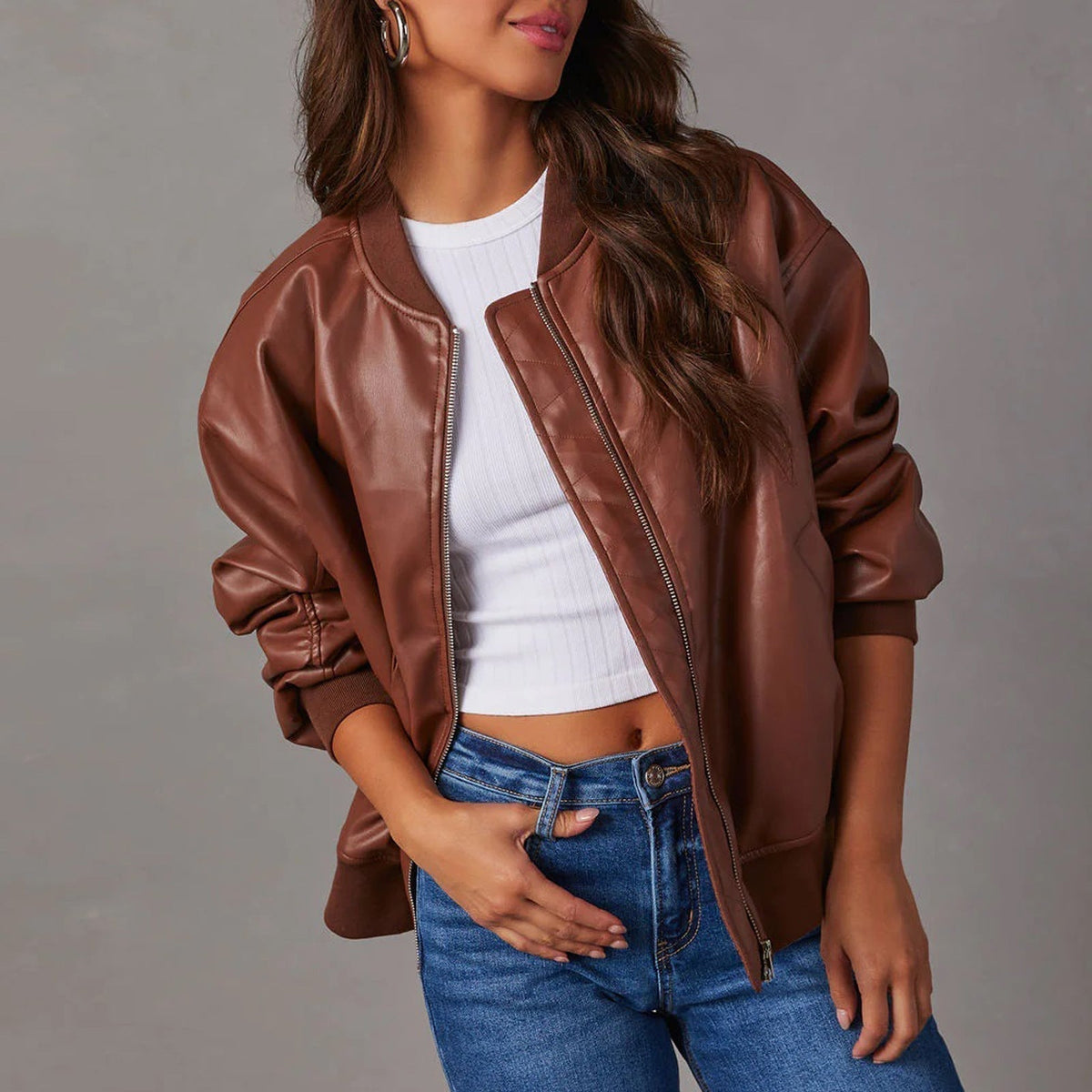 Oversized Leather Bomber Jacket with Ribbed Trim — variant_front