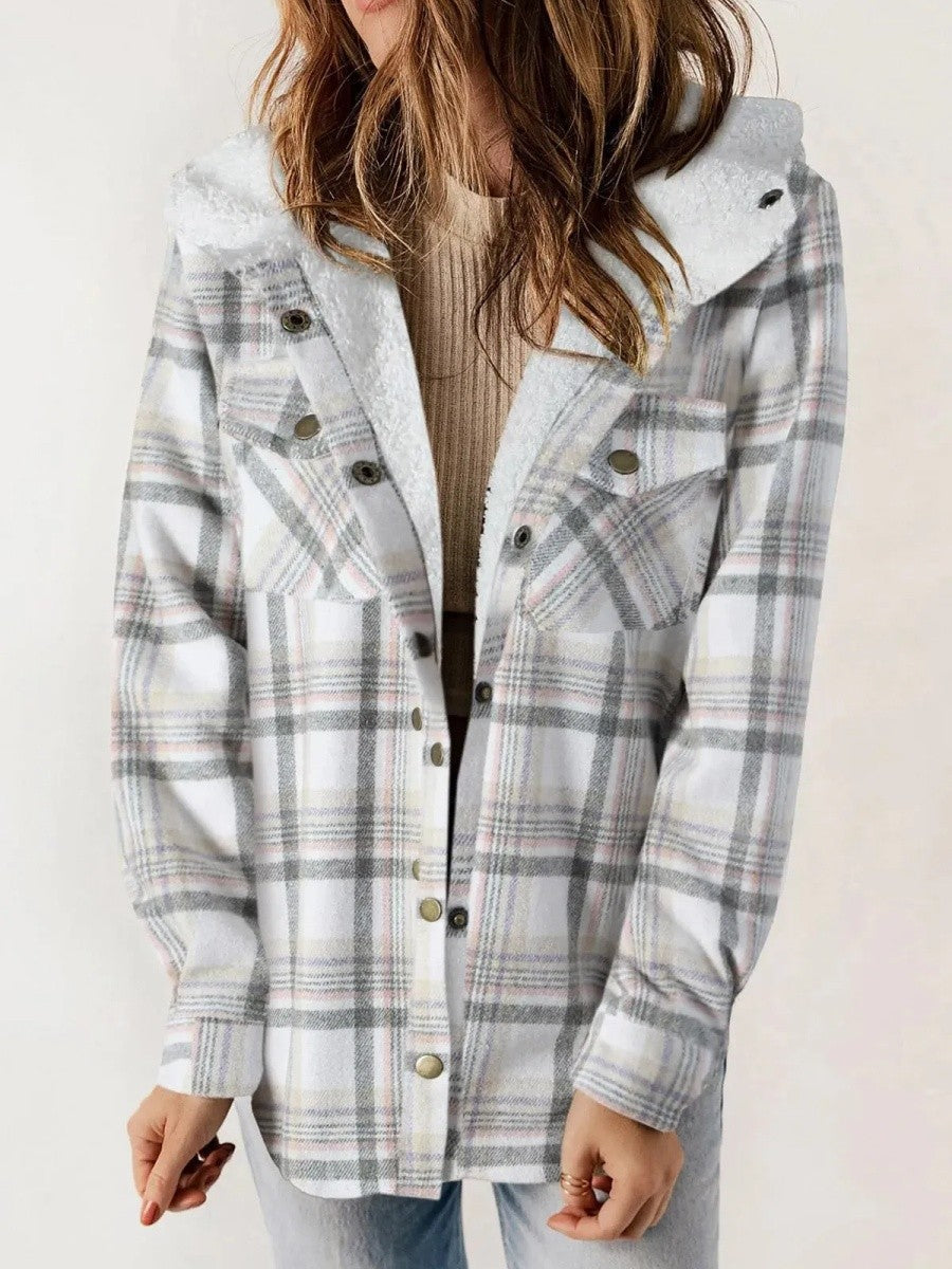 Relaxed Fit Check Flannel Shacket with Sherpa Lined Hood — variant_front