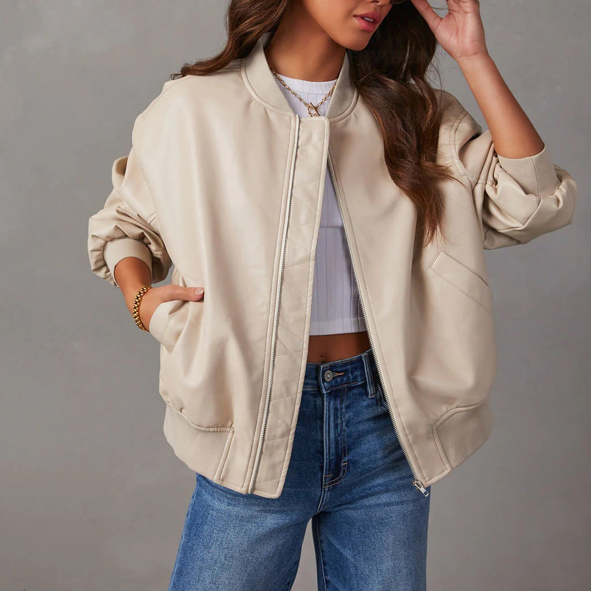 Oversized Leather Bomber Jacket with Ribbed Trim — variant_front