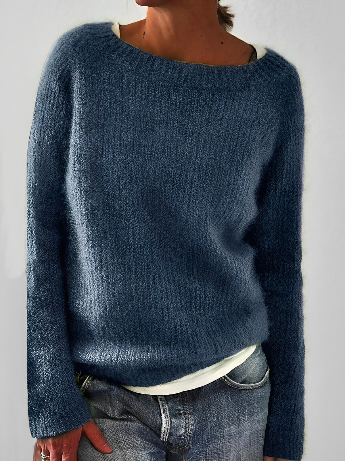 Fluffy Knit Sweater with Wide Round Neckline — variant_front