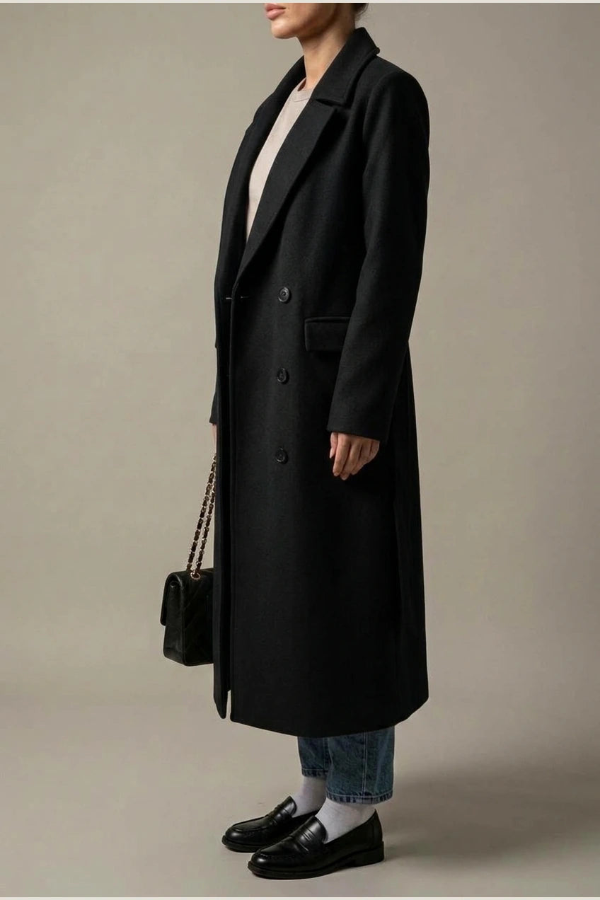 Women's Long Coat Wool Blend Belted Structured Tailored Fit Office — variant_front