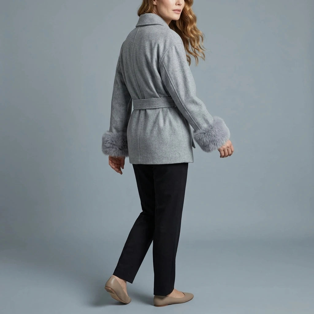 Women's Elegant Wool Coat with Faux Fur Cuffs and Belted Wrap Style – Meredith — variant_front