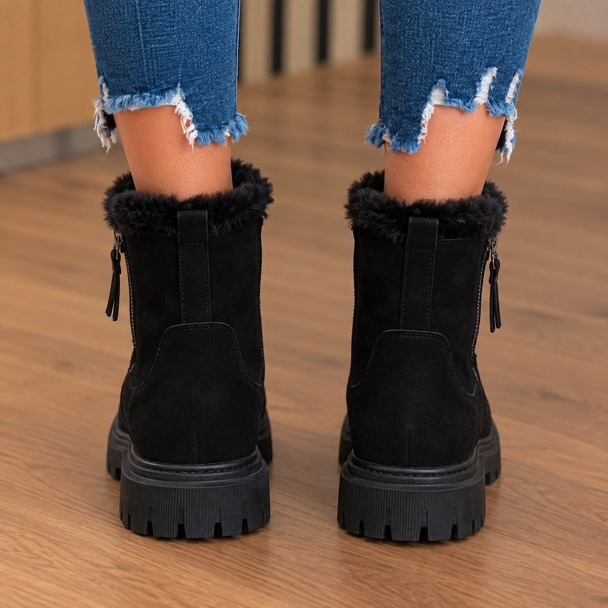 Warm Suede Ankle Boots with Fur Trim and Chunky Sole — variant_front