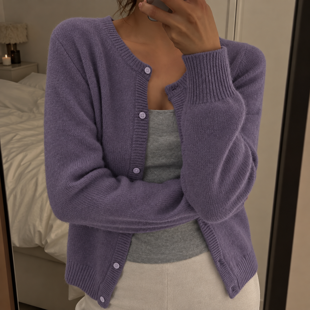 Soft Knit Cardigan with Round Neck and Button Front — variant_front