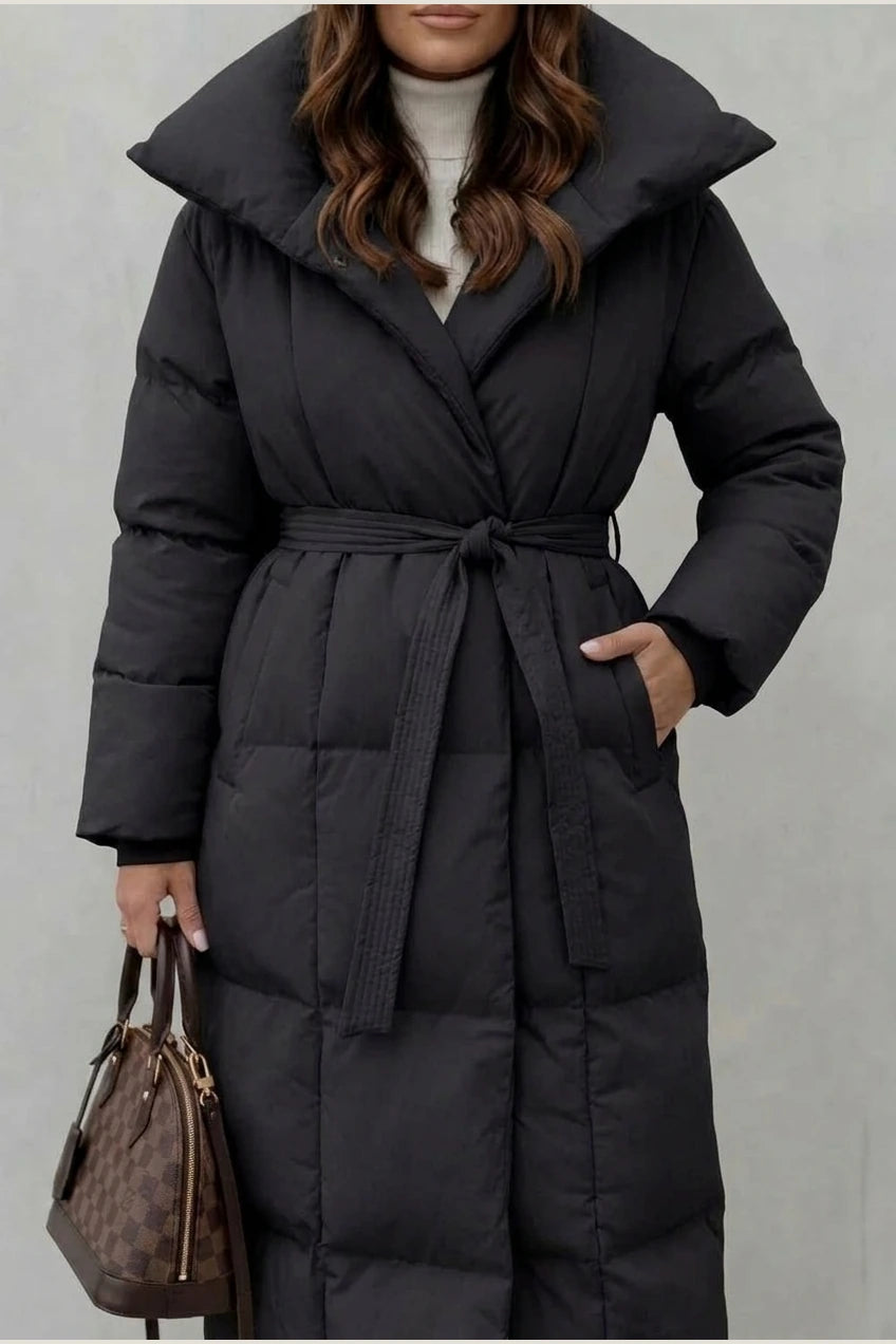 Women's Belted Long Puffer Coat with Silhouette Design – Ines — variant_front