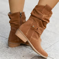 Slouchy Suede Mid-Calf Boots with Block Heel and Strap Detail — variant_front