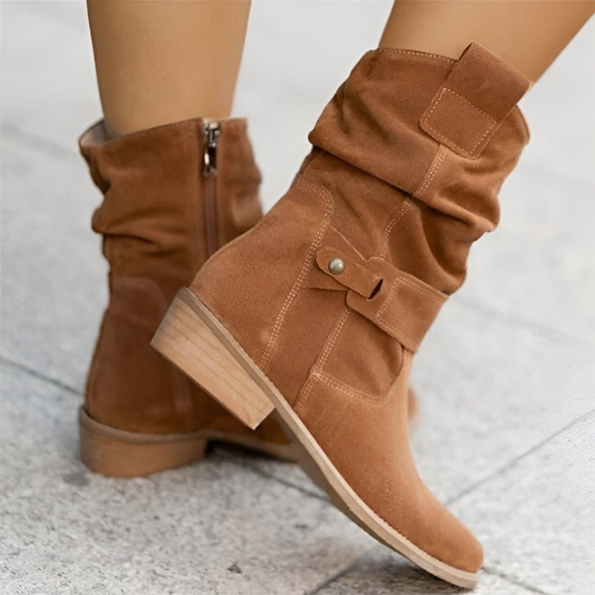 Slouchy Suede Mid-Calf Boots with Block Heel and Strap Detail — variant_front