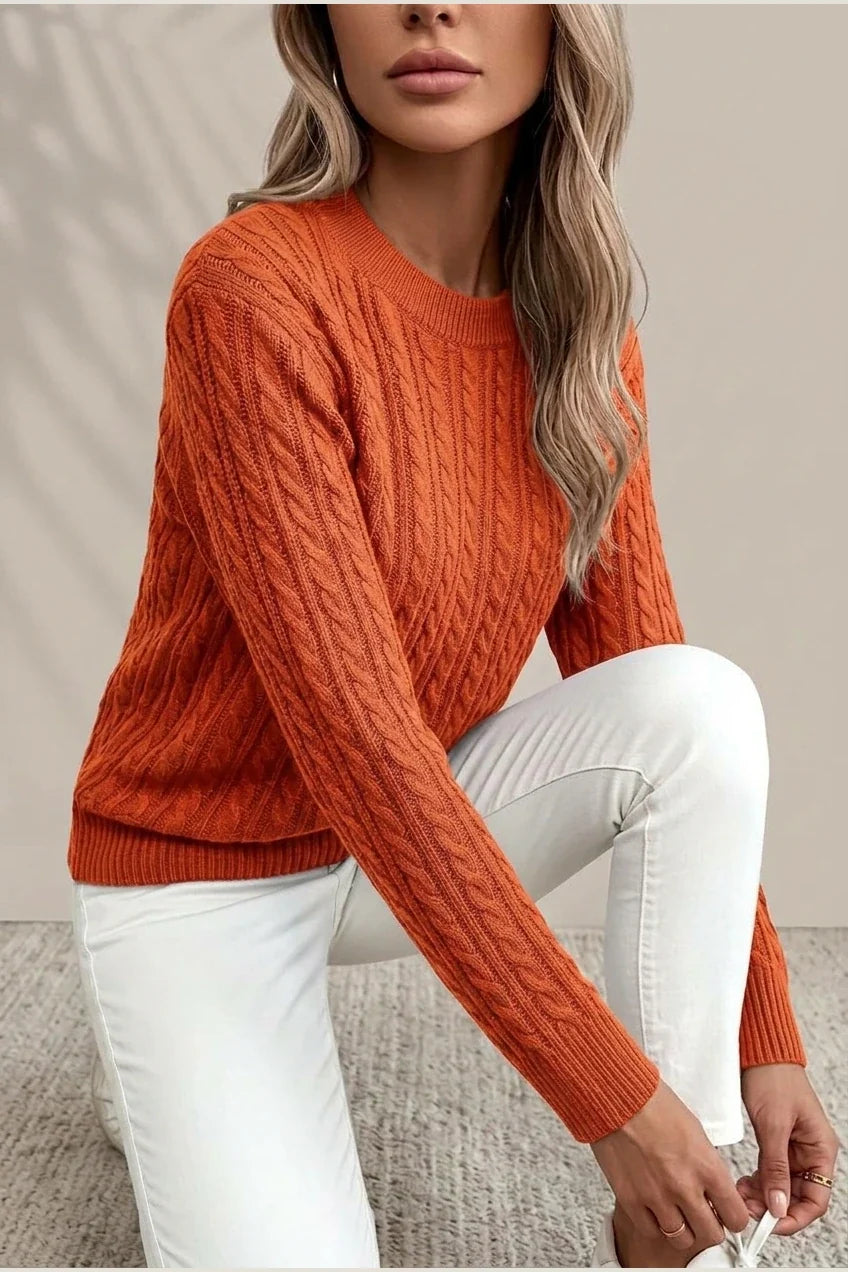 Women's Casual Loose-Fit Round Neck Long Sleeve Sweater - Medium Stretch Solid Color with Ribbed Detailing, H-Line Silhouette for Spring/Autumn Layering, Elegant Collection, Cute Sweater, Casual Attire, Comfortable Fit, Pullover Top, Stylish Women — variant_front