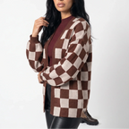 Women’s Checkerboard Knit Cardigan – Relaxed Fit Casual Sweater Jacket — variant_front