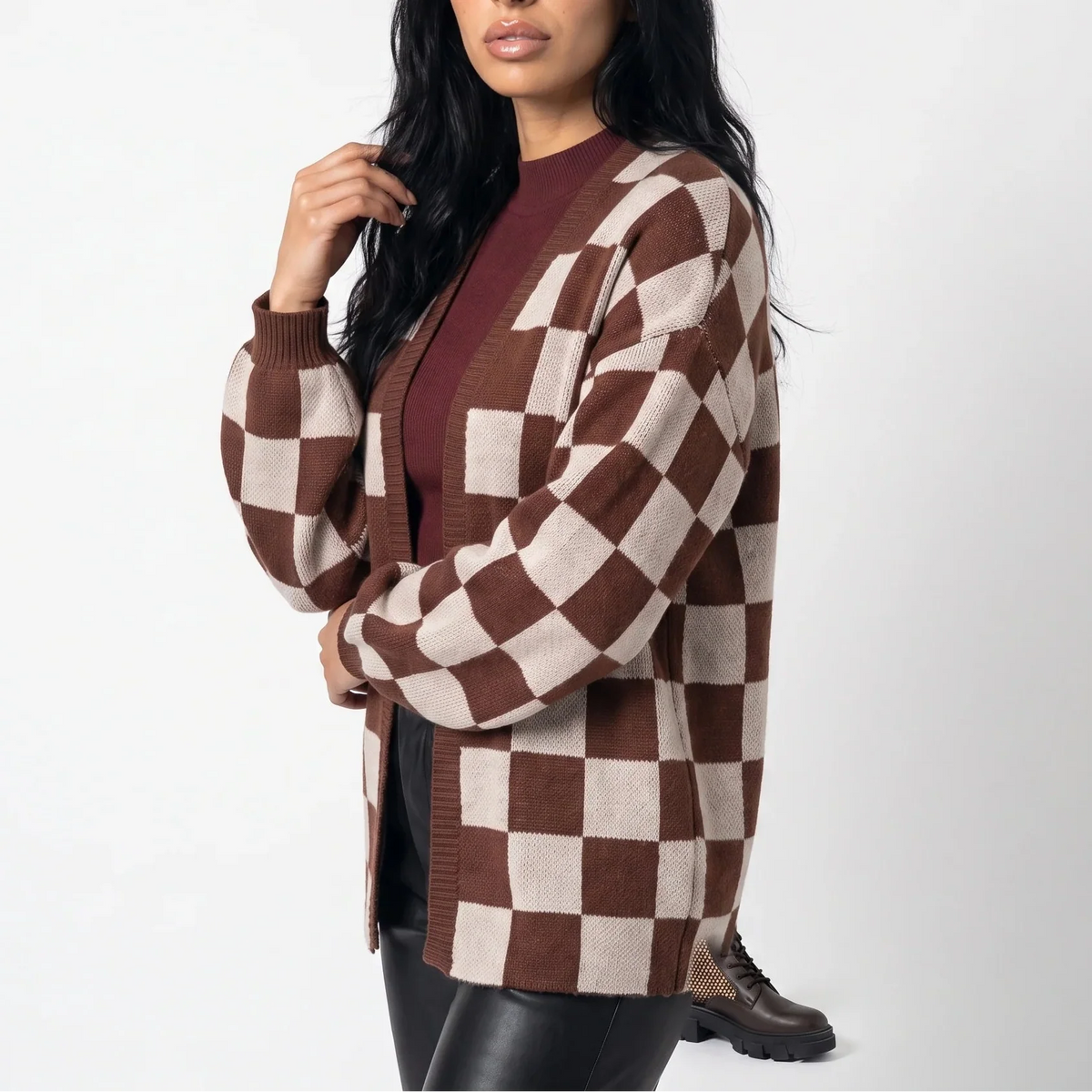 Women’s Checkerboard Knit Cardigan – Relaxed Fit Casual Sweater Jacket — variant_front