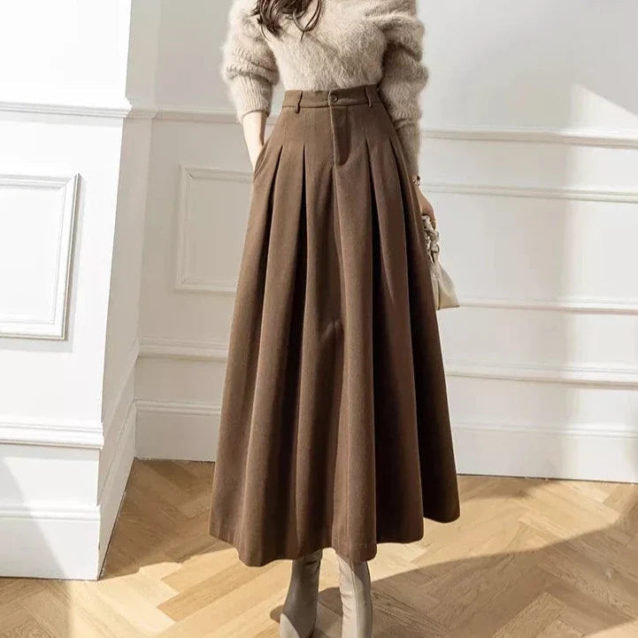 High Waist Pleated A-Line Midi Skirt, Structured High-Rise — variant_front