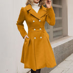 Double Breasted Wool Coat with Pleated Flared Skirt and Gold Buttons — variant_front