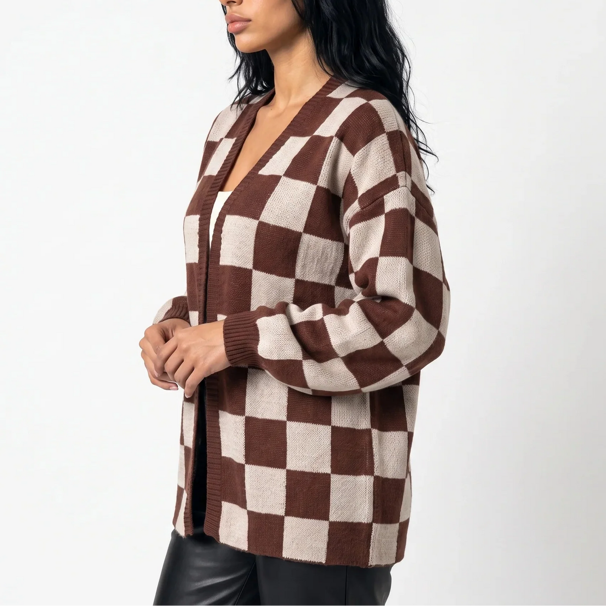 Women’s Checkerboard Knit Cardigan – Relaxed Fit Casual Sweater Jacket — variant_front