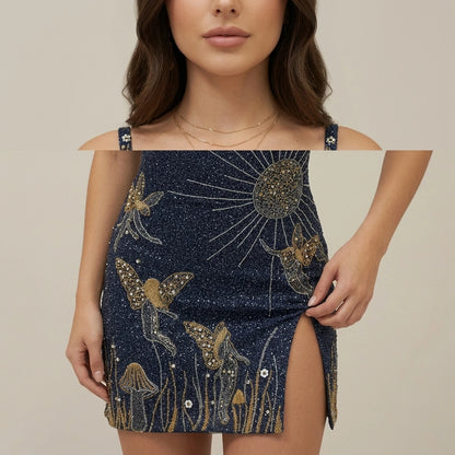 Rosie | Women's Glitter Celestial Embellished Mini Cocktail Dress — rosie-womens-glitter-celestial-embellished-mini-cocktail-dress_wearing_product_focus_06.webp