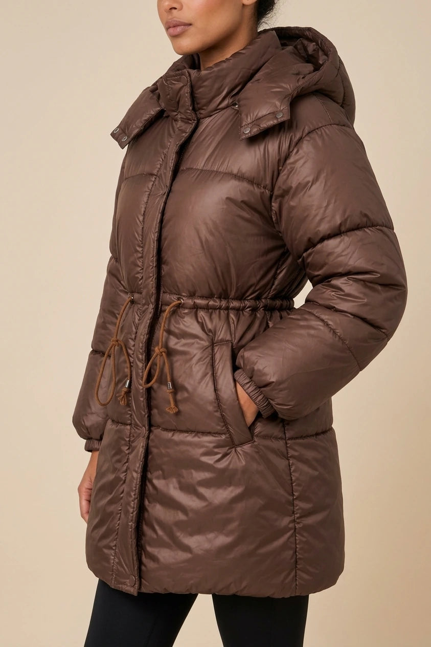 Women’s Longline Puffer Jacket – Hooded Quilted Coat with Drawstring Waist — variant_front