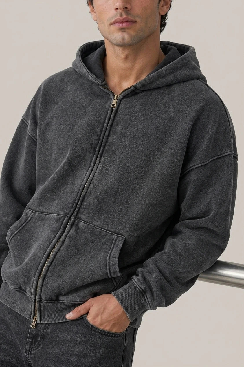 Men’s Oversized Full Zip Hoodie – Washed Hooded Jacket — variant_front