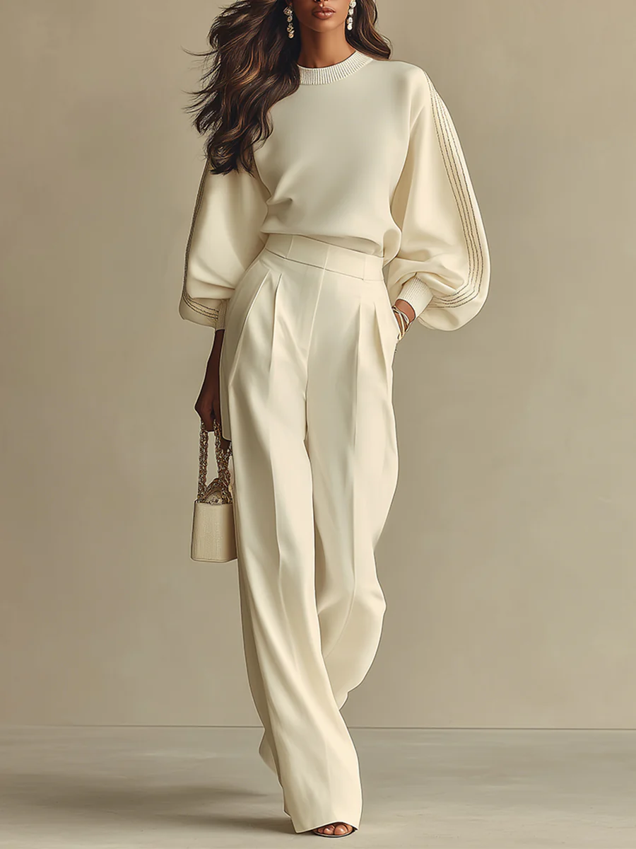 Ivory Knit Two Piece Set with Puff Sleeves and Wide Leg Trousers — variant_front