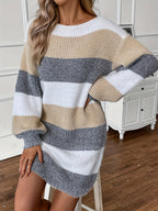 Oversized Colour Block Knit Sweater Dress with Puff Sleeves — variant_front