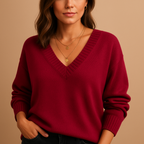 Soft Knit Sweater with Ribbed V-Neckline and Ribbed Cuffs — variant_front