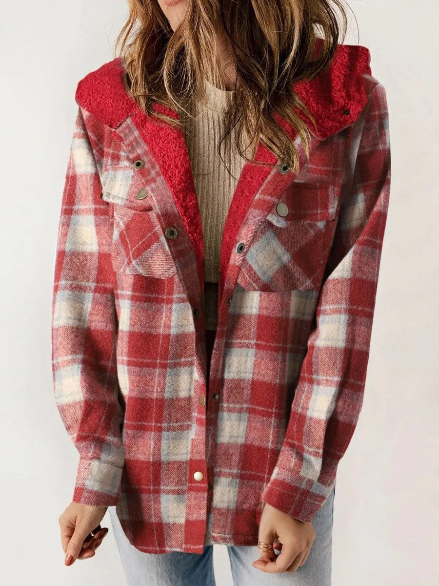 Relaxed Fit Check Flannel Shacket with Sherpa Lined Hood — variant_front