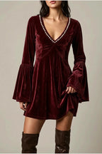 Mini Dress Women - Velvet Mini Dress with V-Neckline — variant_front