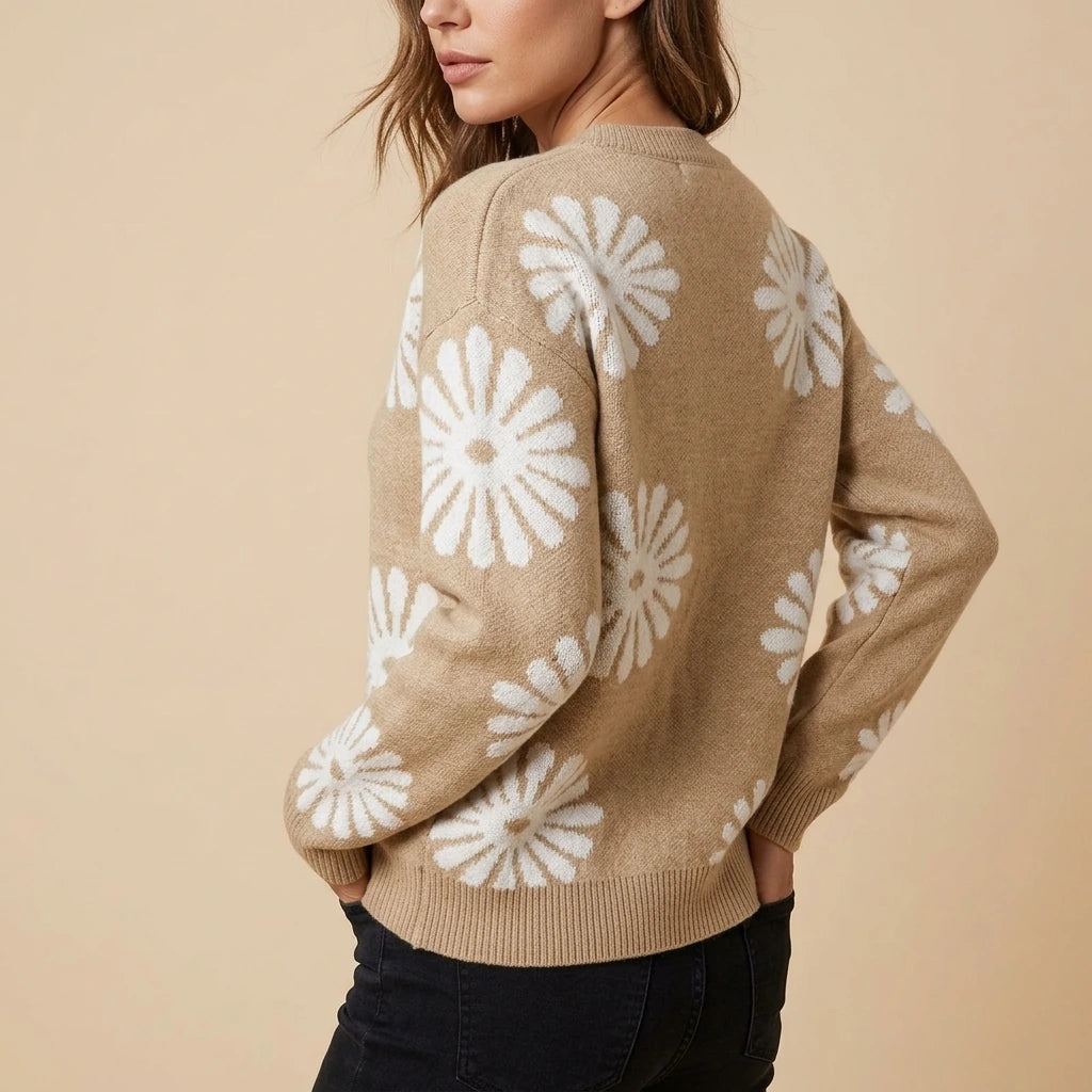 Evelyn | Women's Relaxed-Fit Floral Intarsia Knit Crew-Neck Jumper — variant_front