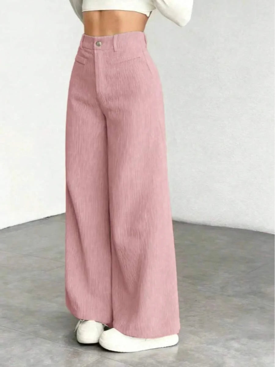 High Waist Wide Leg Corduroy Trousers with Flap Pockets — variant_front