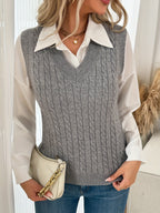 Cable Knit Sweater Vest V-Neck Slim Fit Ribbed Hem Layering — variant_front