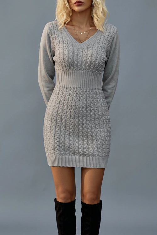 Women's Cable Knit V-Neck Jumper Dress Long Sleeve — variant_front