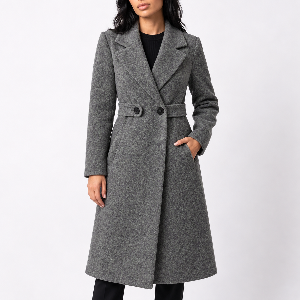 Women’s Long Belted Wool Winter Coat with Wide Lapels and Side Pockets — variant_front