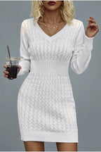Women's Cable Knit V-Neck Jumper Dress Long Sleeve — variant_front