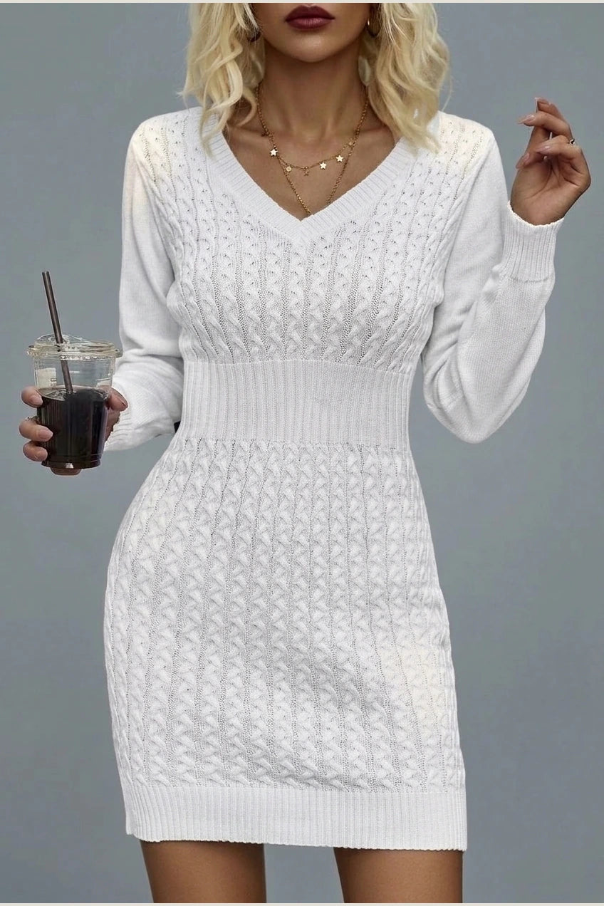 Women's Cable Knit V-Neck Jumper Dress Long Sleeve — variant_front