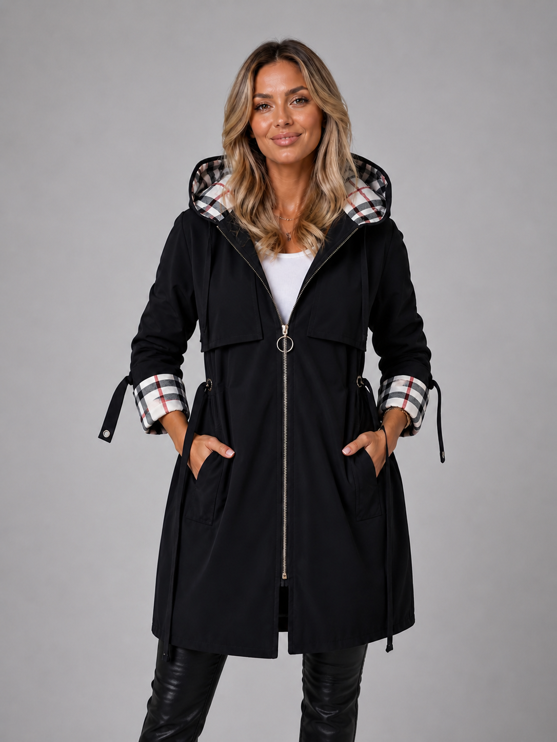 Hooded Anorak with Check Lining and Drawstring Waist — variant_front