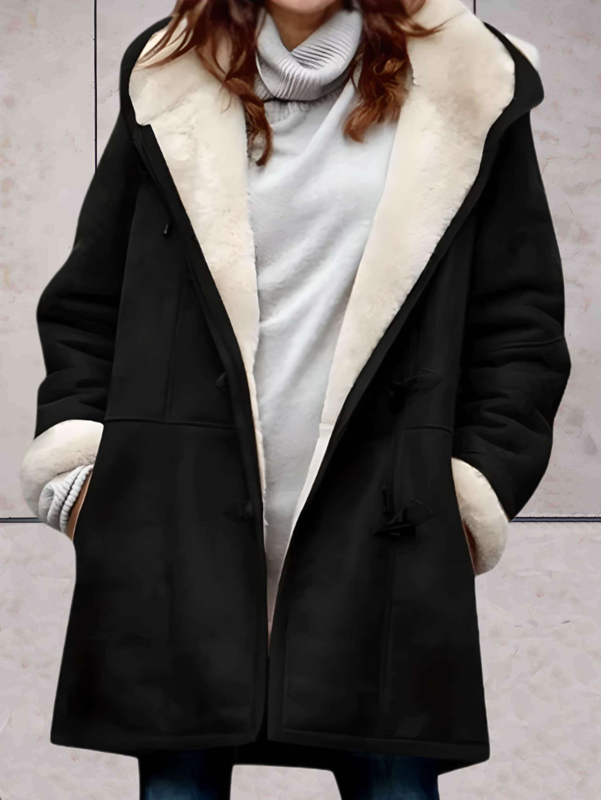 Hooded Suede Coat with Sherpa Lining and Toggle Closures — variant_front