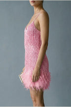 Sophie | Women's Sequin Fringe Feather Trim Cocktail Dress — variant_front