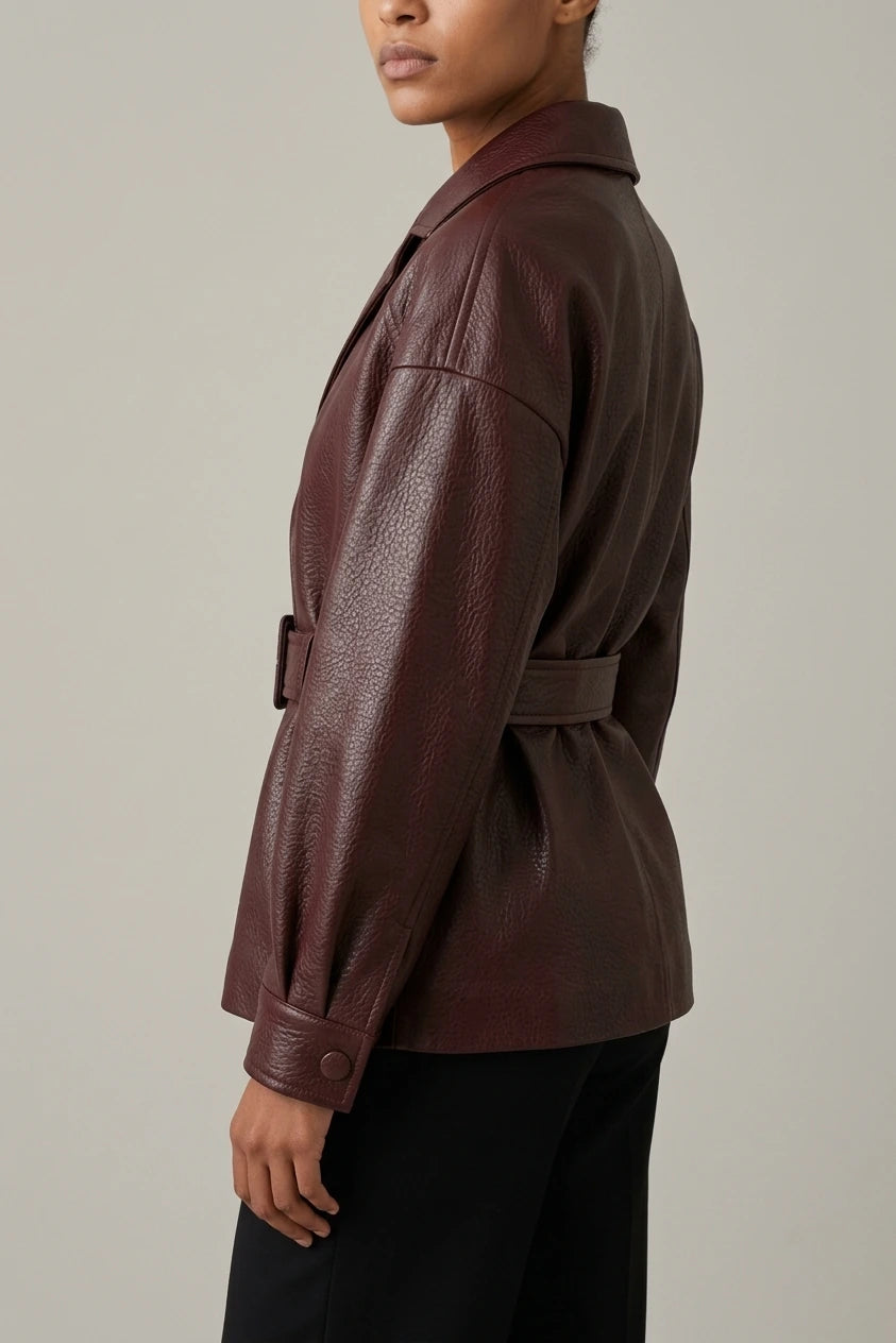 Belted Leather Jacket with Wide Collar and Cuffed Sleeves — variant_front
