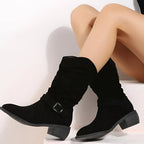 Slouchy Suede Mid-Calf Boots with Block Heel and Strap Detail — variant_front
