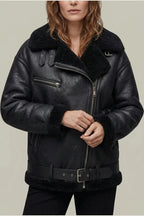 Women's Aviator Coat with Belted Shearling Trim – Aveline — variant_front