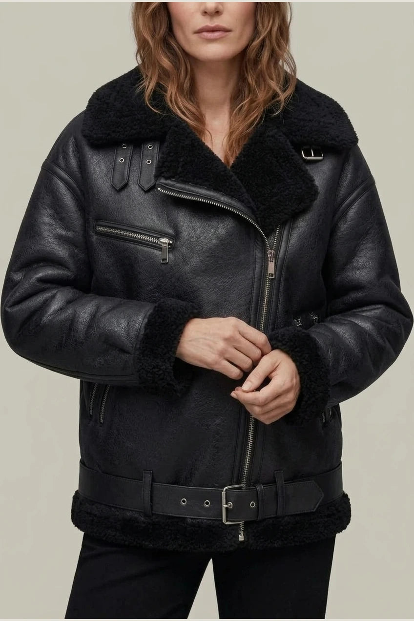 Women's Aviator Coat with Belted Shearling Trim – Aveline — variant_front
