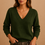 Soft Knit Sweater with Ribbed V-Neckline and Ribbed Cuffs — variant_front