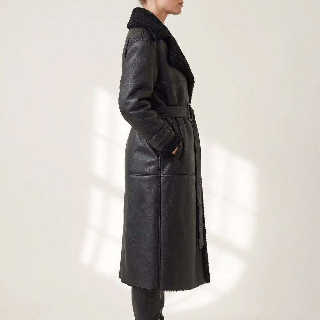 Women's Cozy Oversized Shearling Coat with Belt – Nell — variant_front