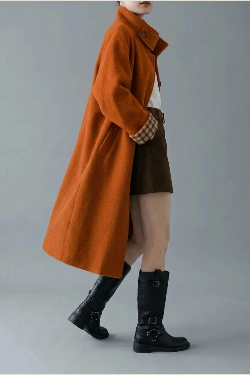 Women's Button-Front Wool-Blend Coat with Stand Collar — variant_front
