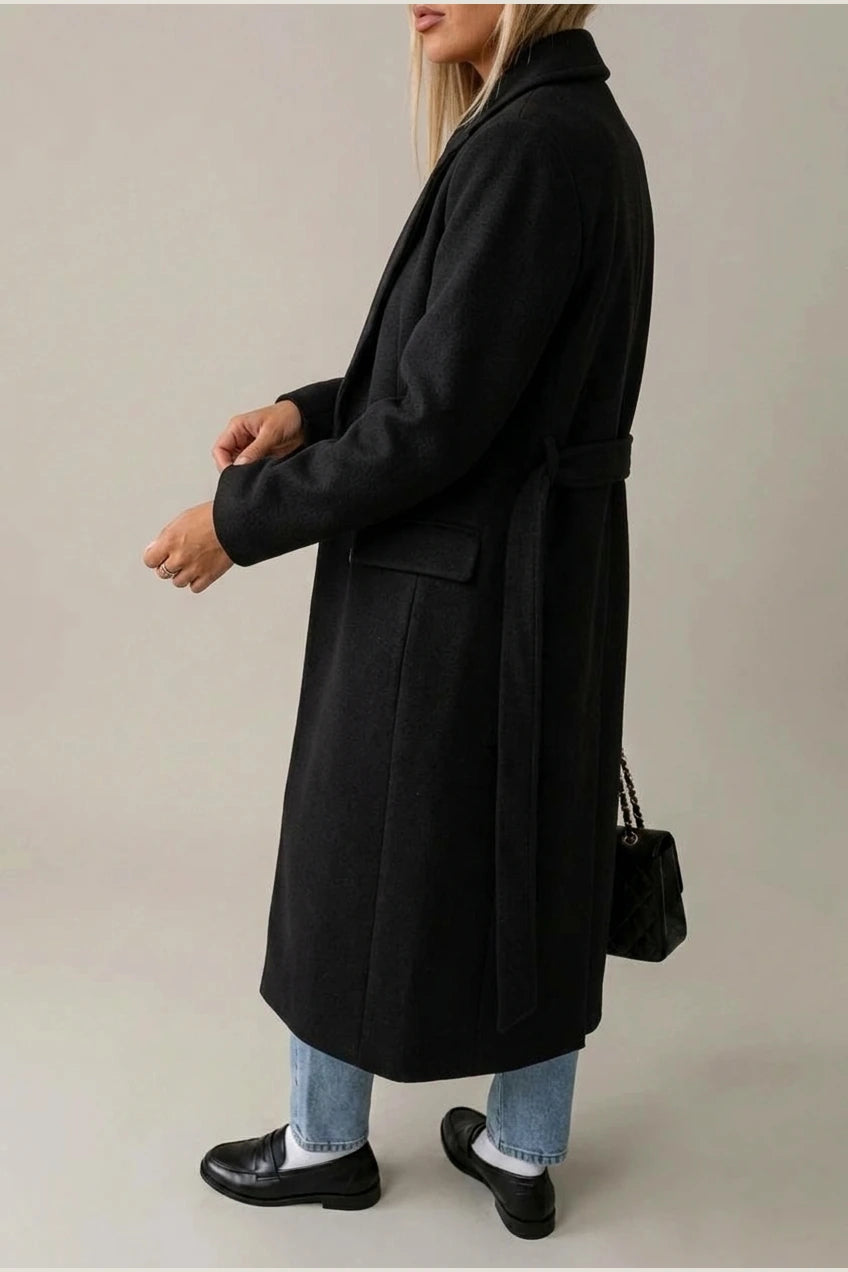 Women's Long Coat Wool Blend Belted Structured Tailored Fit Office — variant_front