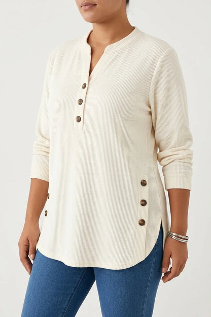 Plus Size, Plus-size Women's Spring/autumn Vertical Rib-textured Base Layer Top, Featuring a Loose Semi-open Neckline with Side-button Placket, Mid-length Curved Hem, European/American Style Long-sleeve Top That Covers the Hips and Slims the Figure. — variant_front