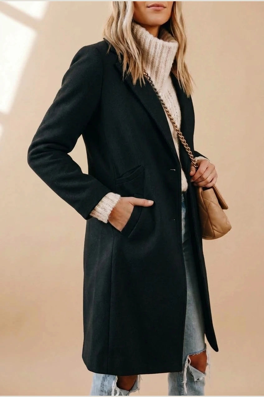 Women's Notch Lapel Longline Coat with Side Pockets — variant_front