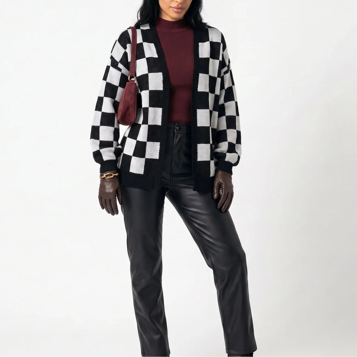 Women’s Checkerboard Knit Cardigan – Relaxed Fit Casual Sweater Jacket — variant_front
